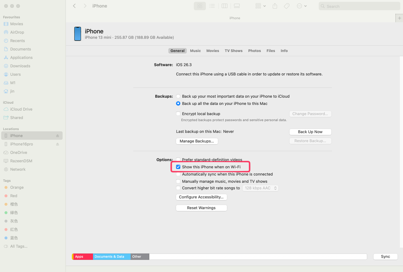Show this iPhone when on Wi-Fi in Finder