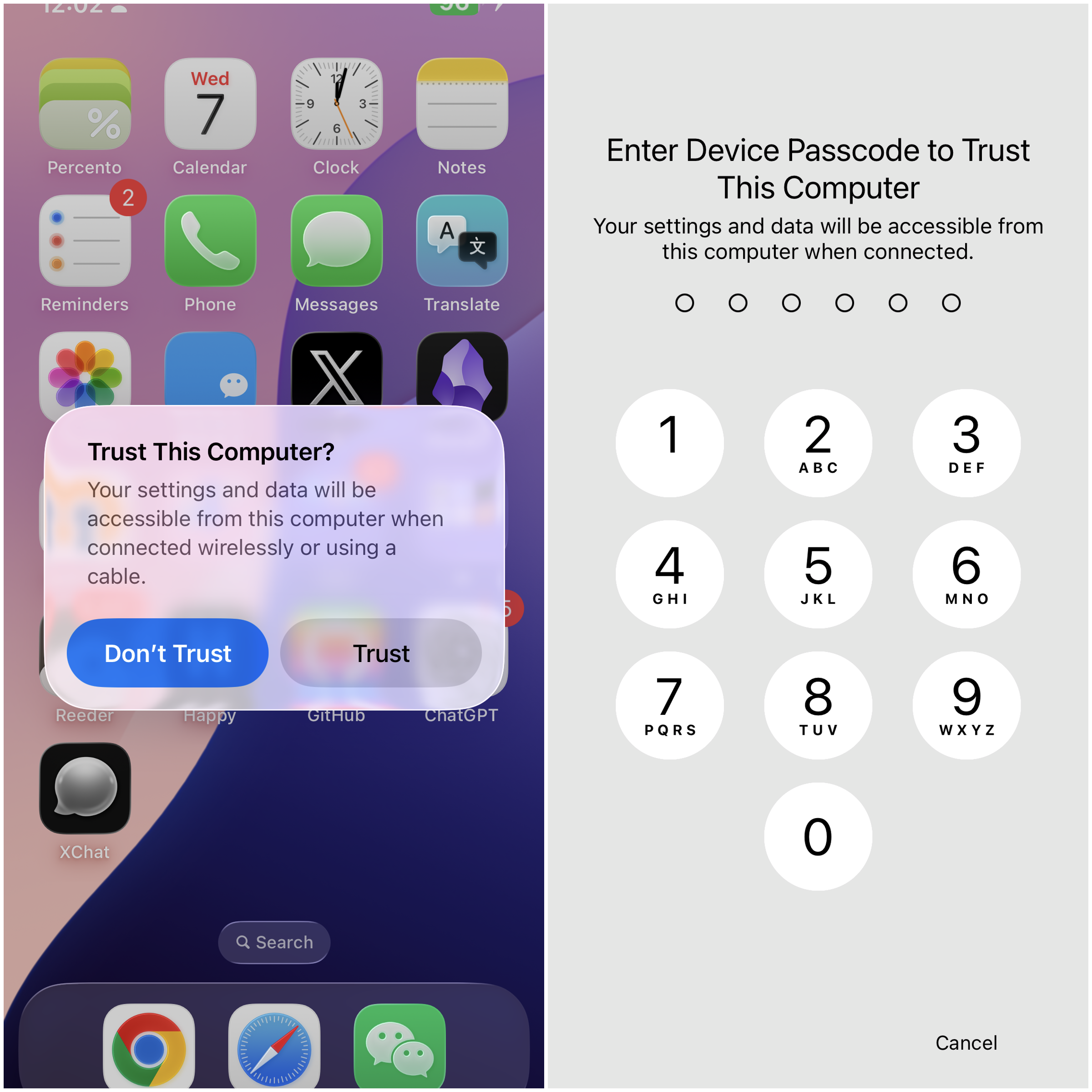 Trust prompt and device passcode entry on the phone